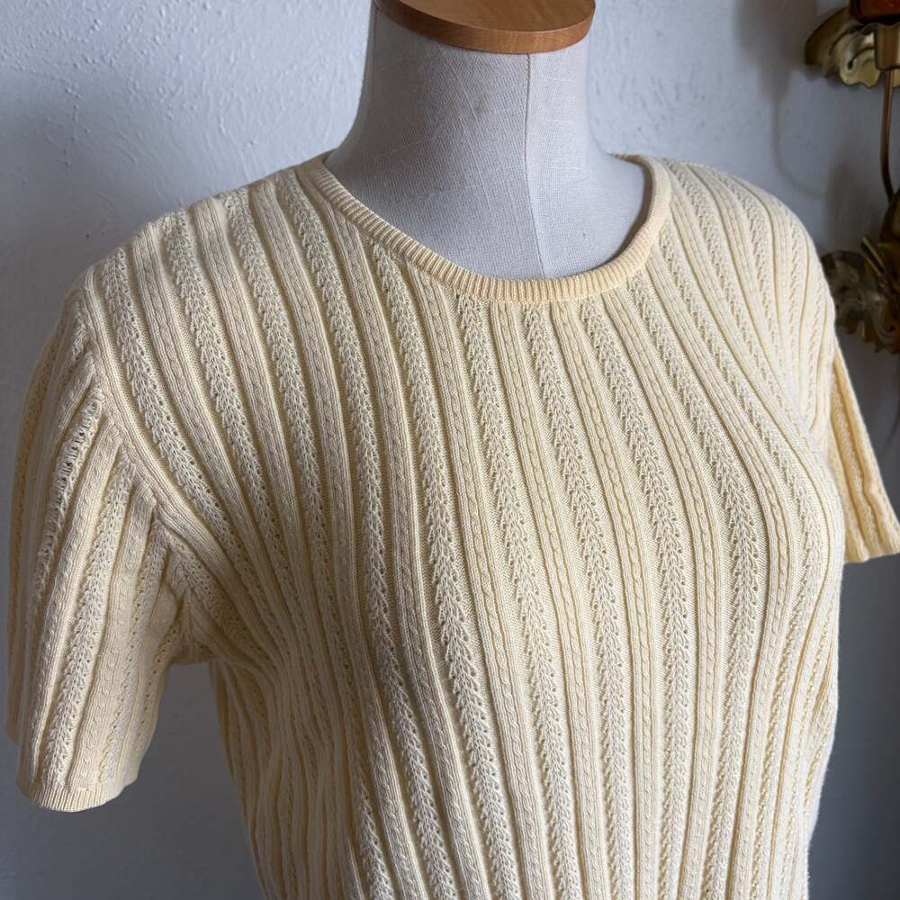 Vintage 100% Cotton Ribbed Short-Sleeve Knit Sweater Top S - Picture 3 of 5